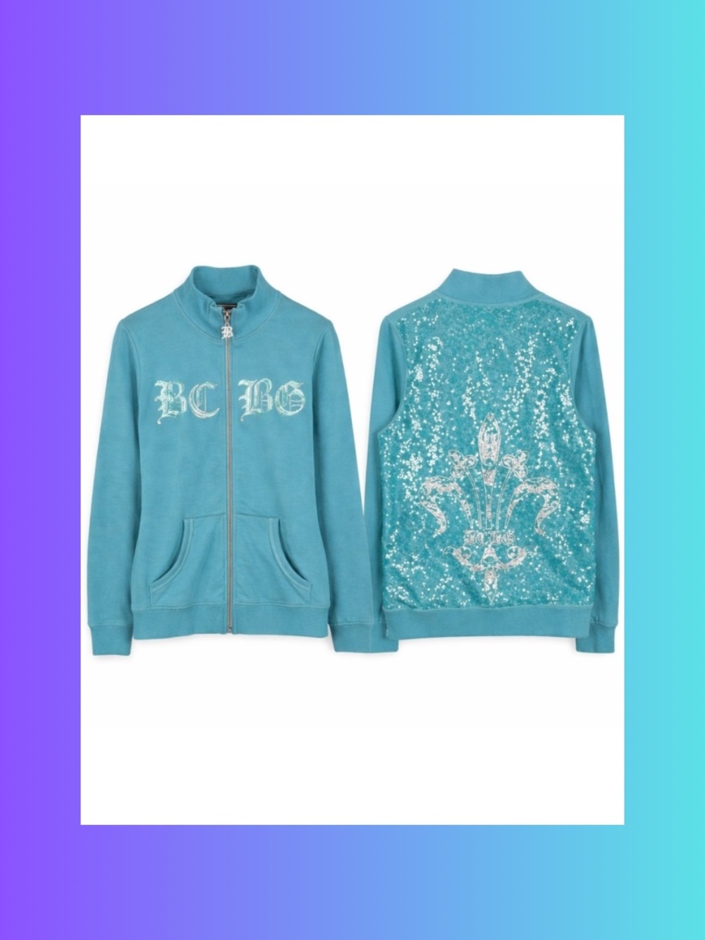 BCBGMaxAzria Teal Blue Sequin Back Zip-Up Sweatshirt